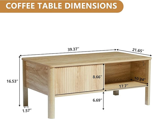 Mid-Century Modern Rectangular Wood Coffee Table with Dual Storage Shelf, Storage Center Coffee Tables with Waveform Panel Sliding Door Dining Table for Living Room Apartment(Natural)