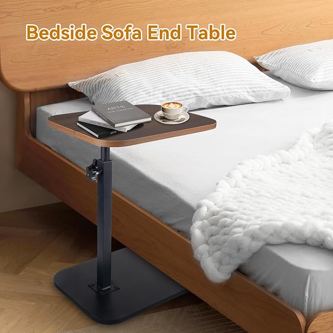 C Shaped End Table for Couch Sofa, 360° Swivel Height Adjustable TV Tray for Small Spaces,Livingroom Bedroom College Dorm Hospital(Walnut)