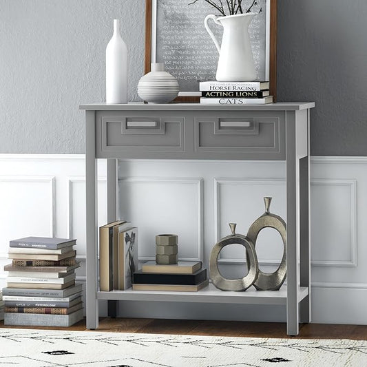 KOTEK Console Table with 2 Drawers & Shelf, Narrow Sofa Table with Rubber Wood Legs, Small Entryway Table for Living Room, Hallway, Office (Grey)