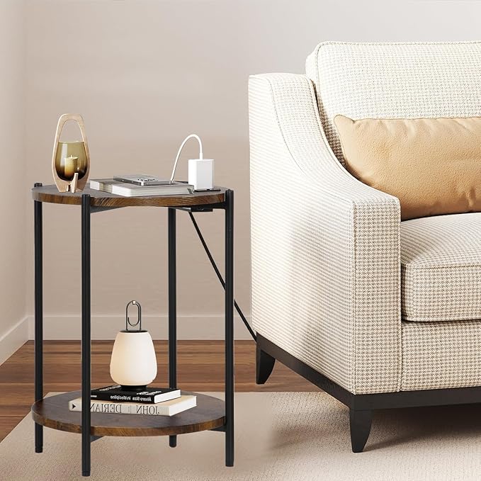 2 Tier Round Side Table, Folding End Tables Coffee Table Simplistic Sofa Table Waterproof Removable Tray Table Indoor Outdoor Accent Table for Living Room Bedroom (Brown, 2pcs)