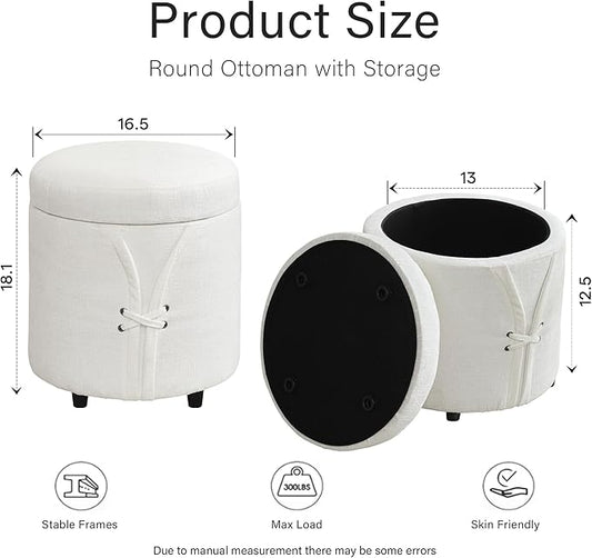 16.5 inch Tufted Small Round Storage Ottoman, Modern Upholstered Ottoman with Soft Padded Seat, Chic Round Vanity Foot Stool with Removable Lid,White