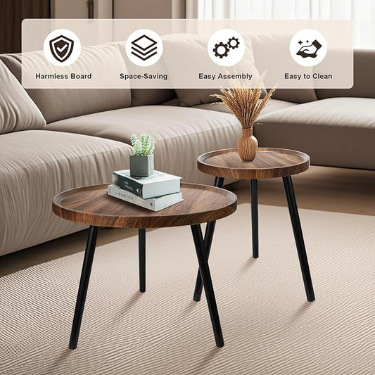 Nesting Coffee Table Set of 2, Modern Round Coffee Tables Nesting Side Table Set, Easy Assembly Nesting Tables for Living Room, Walnut Wood End Tables for Home Office Yard