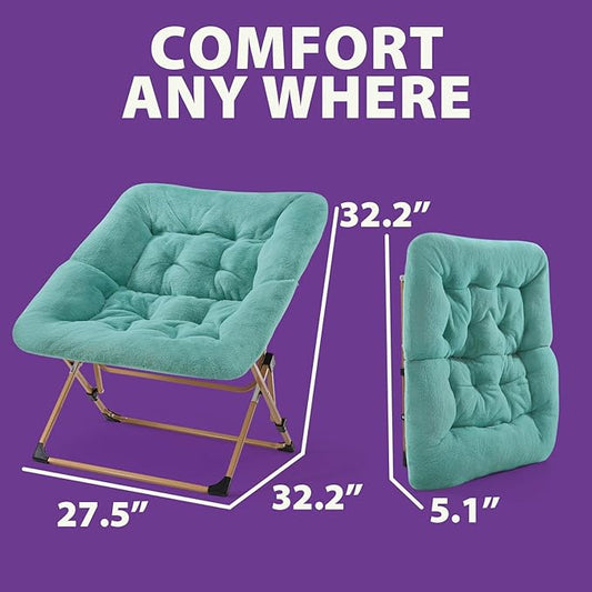 OAKHAM Comfy Chair for Adults, Soft Faux Fur Folding Lounge for Bedroom Living Room Dorm Rooms Flexible Reading Chair for Teens Kids, X-Large Foldable (Faux Fur-Mint)