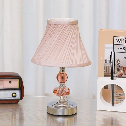 Small Modern Crystal Bedside Table Lamp, 7 x 7 x 12 Inch Electroplaetd Silver Base Table Lamp for Bedrooms and Office (Pink Pleated Bell Shape Shade)