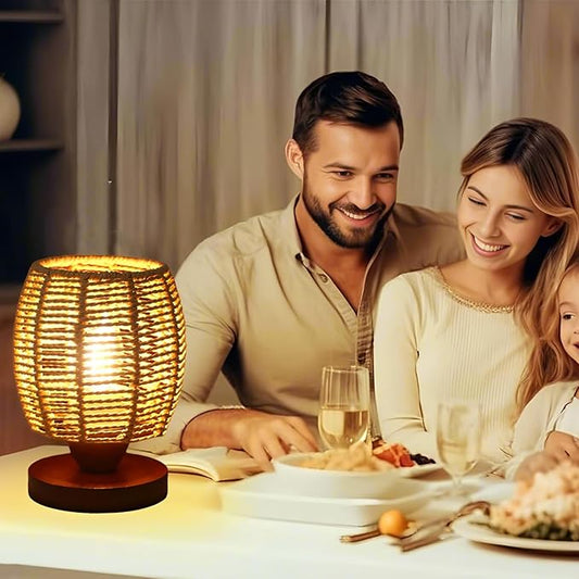 Rattan Table Lamp,Boho Small Beside Lamp,Farmhouse Table Lamp for Room Decor,Vintage Wicker Wooden Nightstand Bamboo Woven End Table Lamps for Bedroom Living Room Desk Kids Room,LED Bulb Included