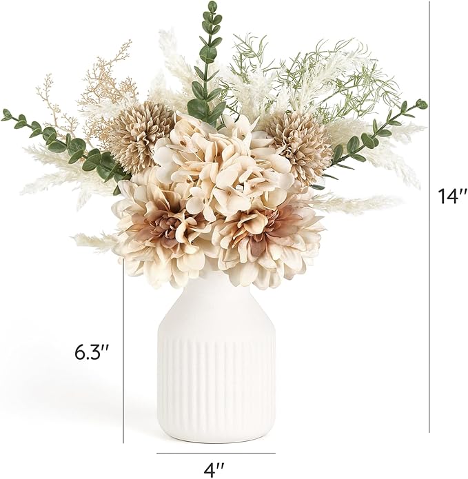Mkono Small Artificial Flowers in Ceramic Vase Centerpieces Coffee Table Decor, Silk Flower Arrangements for Home Decor Indoor Fake Flower Bouquet for Bathroom Dining Room Kitchen (Brown, Medium)