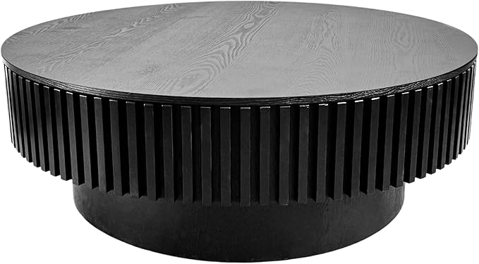 39.37 Inch Round Drum Coffee Table with Storage, Handcraft Fluted Drum Coffee Table, Modern Wooden Round Coffee Table Center Table with Sturdy Pedestal for Living Room Apartment(Black)