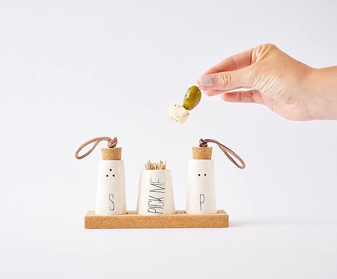 Mud Pie, Off-White Salt, Pepper & Toothpick Holder, Size: tray 2" x 6" | shakers 2 3/4" x 1 1/2" dia