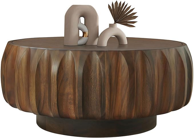 31.5" Walnut Round Solid Wood Carved Coffee Table with Elegant Sculptural Design, Modern Side Table for Living Room, Bedroom, Office