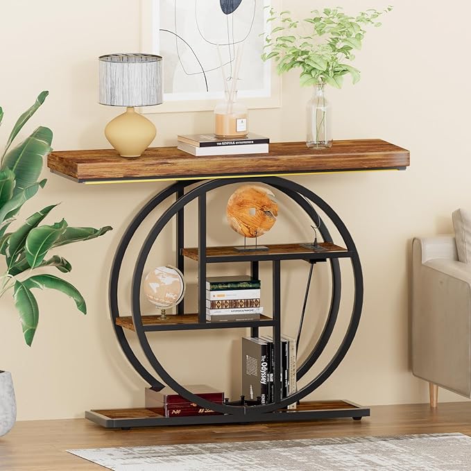 Console Tables for Entryway, Built-in US Standard Outlet & LED Strip Lights, 4-Tier Industrial Narrow Wood Sofa Table, Entryway Table with Storage Shelves for Living Room