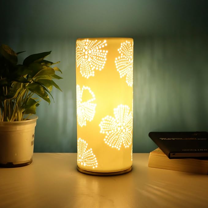 Small Modern Ceramics Bedside Table Lamp, 4.5 x 4.5 x 11 Inch White Flowers Style Nightstand Lamps, Side Table Lamps for Bedroom Living Room Entryway Table Light