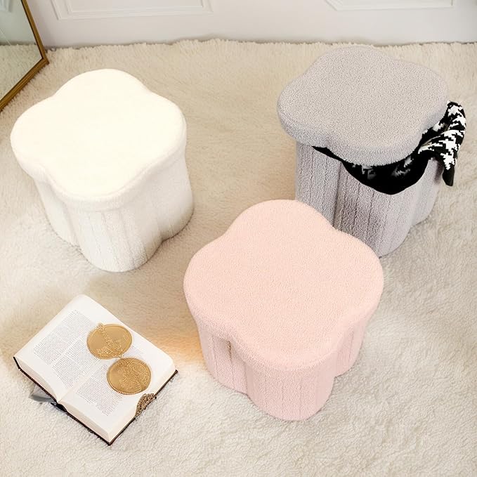 12.6" Small Ottoman with Storage, Flowers Shaped Foldable Foot Rest for Dorm Room, Living Room - Compact Organizer for Small Spaces-Green