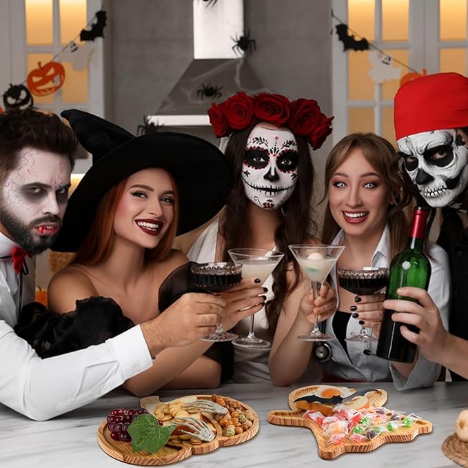 FOBSME 2 Pcs Halloween Wooden Charcuterie Boards Pumpkin and Ghost Shape Serving Platters Fall Wood Serving Trays Decorative Wooden Snack Dish Plates for Halloween Autumn Holiday Housewarming Presents