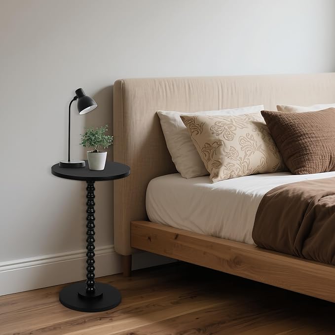 Round Side Table, Small End Table for Small Space, Modern Accent Table with Solid Wood Leg, Easy Assembly for Living Room, Bedroom, Corners, and Office (Black)