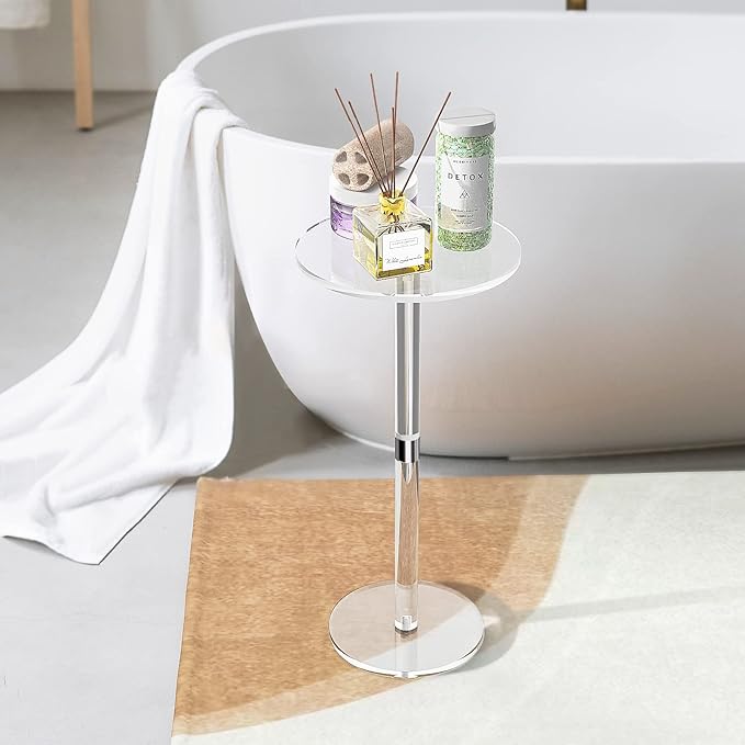 Acrylic End Table, Clear Side Tables for Small Space, 9.8" Round Modern Drink Table for Living Room, Bedroom, Bathroom, Office, Outdoor, Business, Sturdy and Easy to Install