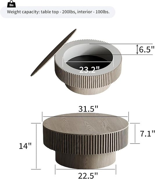 31.5 Inch Round Drum Coffee Table with Storage, Handcraft Fluted Drum Coffee Table, Modern Wooden Round Coffee Table Center Table with Sturdy Pedestal for Living Room Apartment (Grey)