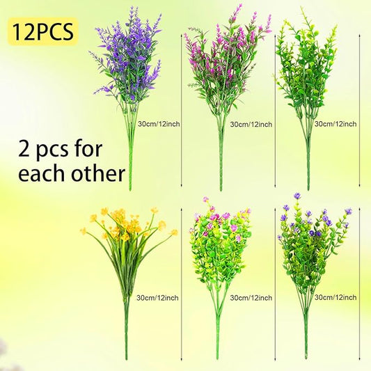 12 Bundles Artificial Flowers for Outdoors Decorations, Plastic Fake Flowers Colorful Faux Flowers Realistic UV Resistant for Garden Patio Porch Window Box Home Outdoor Decor (Mixed Flowers)
