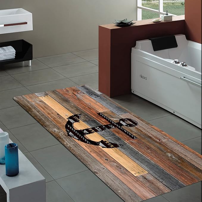 Bath Rugs Sponge Foam Absorbent Soft for Bathroom and Kitchen (71 x 24 inches),Flannel Mat Non Slip Bright 3D Print for Bedside and Living Room(Old Wooden Plank Anchor)