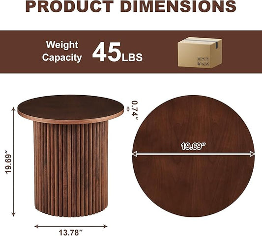19 Inch Round End Table, Small Accent Pedestal Side Table, Wood Bedside Table for Living Room, Bedroom, Walnut Wood Veneer