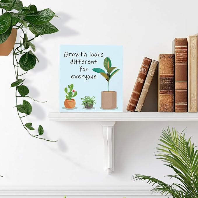 LVQHI Inspirational Wood Block Sign,Growth Looks Different for Everyone Plant Motivational Wooden Block Sign for Home Bedroom Office Desk Table Decor,Inspirational Cheer Up Gift for Coworker Blue-2