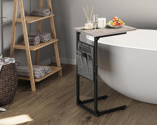 Vagusicc C Shaped End Table, Small Side Table for Couch, Couch Side Table C Table for Small Space, TV Tray Slide Under Sofa Snack Table with Metal Frame for Living Room, Bedroom, Bedside, Grey