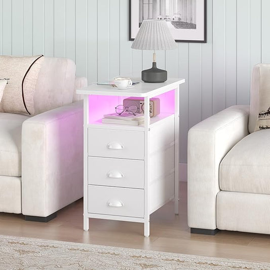 End Table with Charging Station,LED Side Tables with USB Ports and Outlets,Narrow Nightstands Bedside Tables with 3 Drawers PU Finish for Small Space,Slim Sofa Table for Livingroom,White