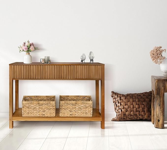 Long Console Table with Storage, Fluted Entryway Slim Sofa Table Behind Couch Entry Tables, Narrow Wood Hallway Modern Living Room Couch Foyer Entrance Tables Brown