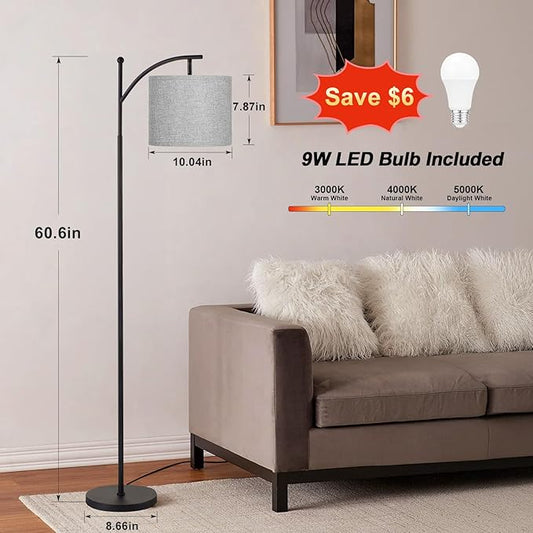 60" Floor Lamp With 3 Color Temperatures, Adjustable Grey Shade, Black Pole - Tall Lamp for Living Room, Bedroom, Office, Classroom, Dorm - 9W Bulb Included