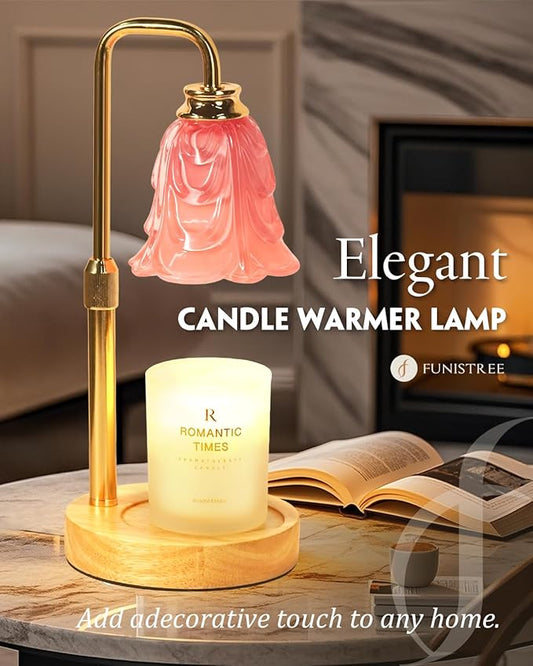 Small Candle Warmer Lamp with Timer, Adjustable Pink Flower Candle Heat Lamp, Unique Women's Gifts for Birthday, Dimmable Candles Heater, Christmas Gifts, Fashion Wax Warming Light with Wood Base