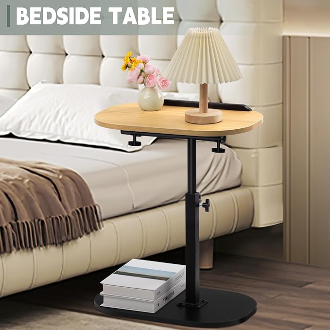 Aoligrace Adjustable Height C Shaped End Table, Small Side Table for Small Spaces Living Room Couch Sofa, 360° Swivel & Flip Top TV Tray Table(Wood)