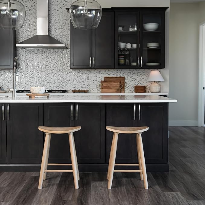 Maven Lane Luna Counter Stool Set of 3 – 26 Inch Round Stools with Footrest – Natural Solid Wood – Space-Saving Design for Kitchen Counters & Islands, Ideal for Apartments, Dorms & Compact Living