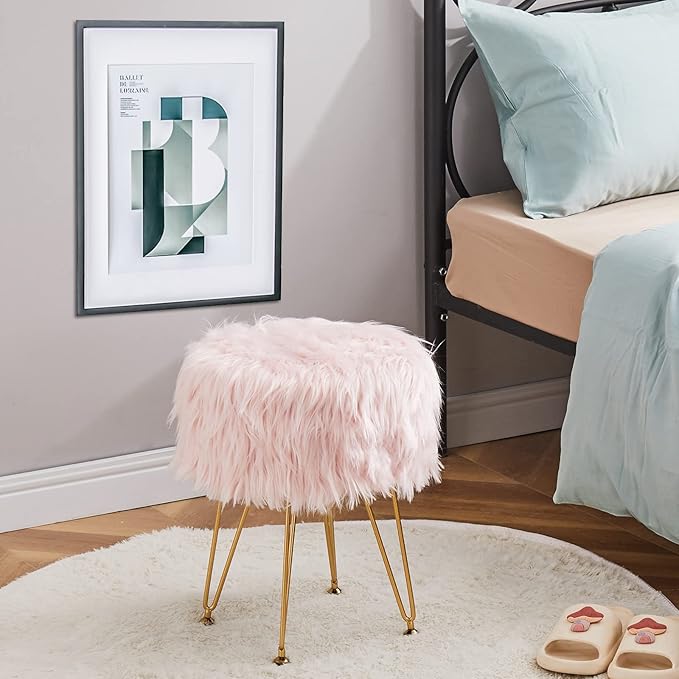 Mxfurhawa Faux Fur Storage Ottoman Round Furry Vanity Stool Marble Grain Tray Coffee Table Compact Footrest Stool with 4 Metal Legs Soft Makeup Seat Foot Stools for Living Room Bedroom Entryway Pink