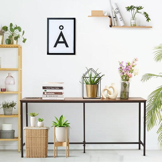 63 Inch Sofa Table,Narrow Console Table with Power Outlet,Slim Entryway Table for Living Room,Hallway,Bedroom(Rustic Brown)