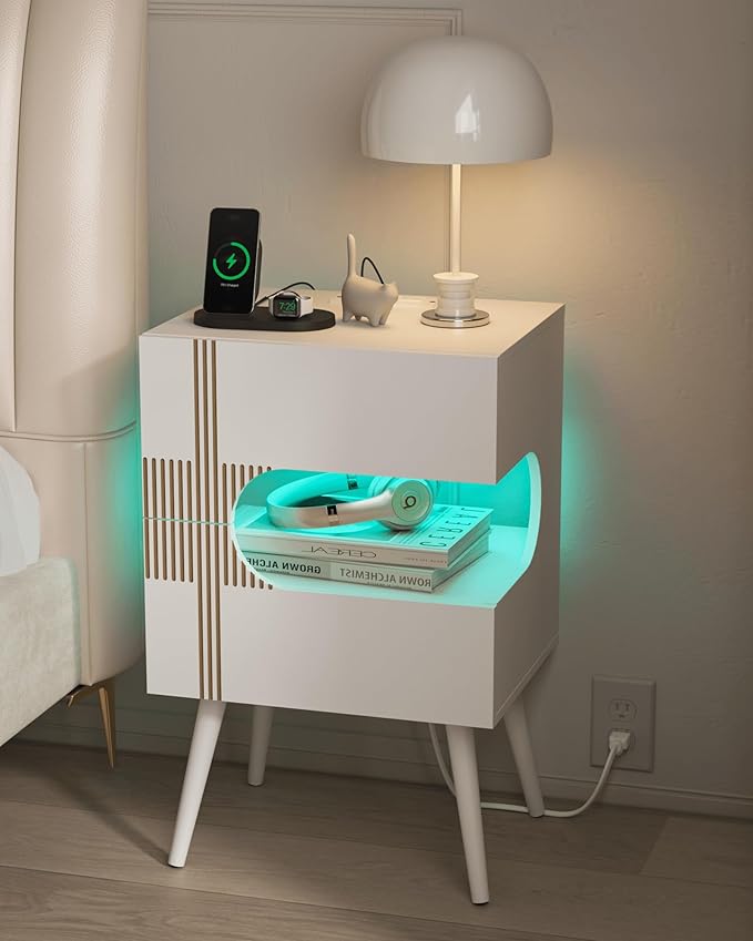 White Nightstand with Charging Station and LED Lights,Modern Bedside Table with 2 Storage Drawer,Night Stand with Solid Wood Legs,White (White-2)
