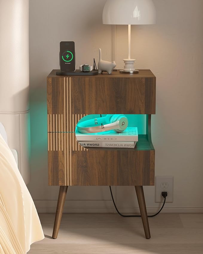 Nightstand with Charging Station and LED Lights,Modern Bedside Table with 2 Storage Drawer,Night Stand with Solid Wood Legs,White (Walnut Brown)
