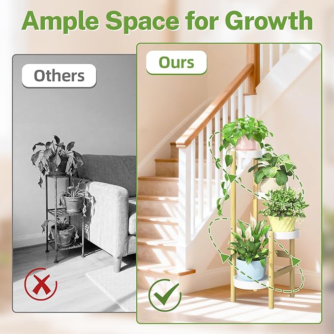 iDavosic.ly 4 Tier Bamboo Plant Stand Indoor Outdoor with Plastic Tray, Tiered Corner Flower Holder Shelf, Space Saving Orchid Display Rack for Patio Porch Living Room Garden Balcony, Natural White