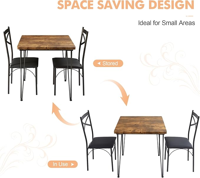 VECELO 3 Piece Dining Table Set for 2, Kitchen Table Set with 2 Chairs for Small Space, Space-Saving and Modern Design, Apartment, Easy to Assemble,Retro Brown