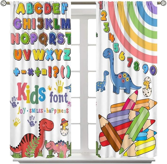 BAEKJIN Dinosaur Alphabet Curtains,Numeration Table and Catoon Dinosaur Pattern Print Decor Window Drapes for Kids Bedroom Living Room 42x45 Inch