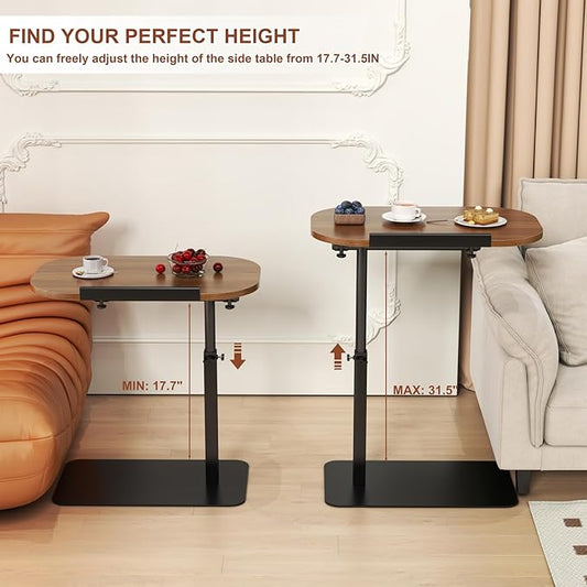 Solid Wood C Shaped Side Table for Sofa/Bed, Adjustable Height C Shaped End Table Metal Base, 360°Swivel/Flip Top Couch Tables That Slide Under, Small Spaces Laptop Stand Coffee Table (Walnut A)