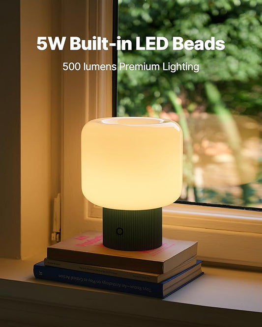 Halo Mushroom Lamp, 5W Cute Cordless Rechargeable Table Lamp with Glass Shade, 3 Color Temps LED Dimmable Ambient Lighting, Small Retro Touch Bedside Light for Bedroom Decor, Vintage Green