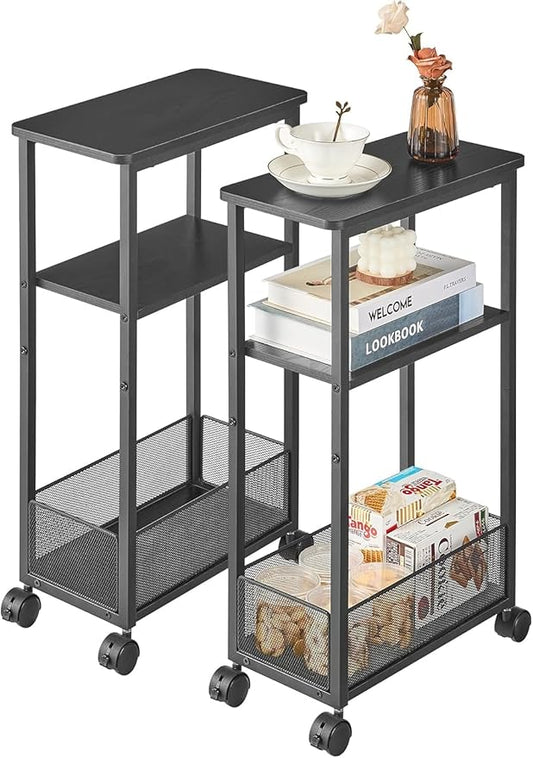 Side Table with Wheels of 2, Narrow Side Table with 3-Layer Storage Shelves, Slim Nightstand, Metal Frame, for Small Spaces, Living Room, Bedroom, 7.9" W x 15.7" D x 25.2" H, Black
