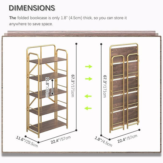 4NM No Assembly Folding Bookshelf, 5 Tiers Collapsible Book Shelves Open Industrial Foldable Storage Bookcase Shelf for Bedroom, Living Room, Home Office - Brown and Gold