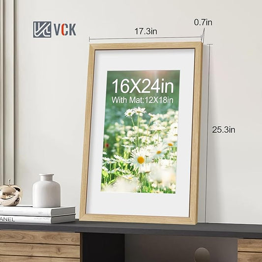 VCK 16x24 Poster Frame 5 Pack - Natural Oak, High-End Wood Picture Frames with Polished Plexiglass, Display 12x18 Photo with Mat or 16x24 without Mat, Art Gallery-Quality, Wall Hanging, Natural Oak