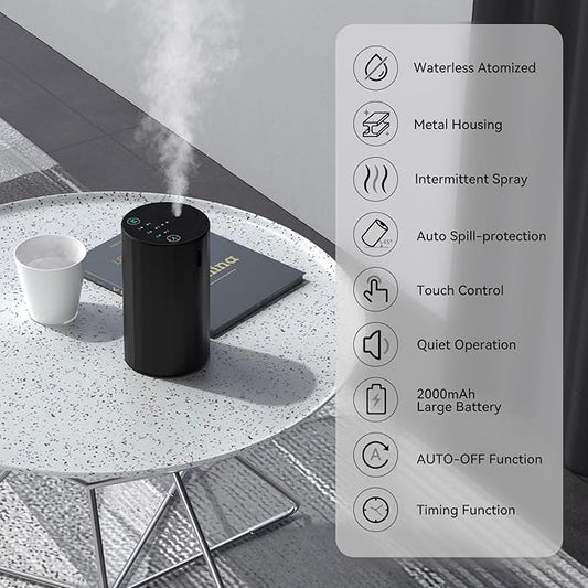 Waterless Essential Oil Diffuser Aromatherapy Scent Diffusers for Home Large Room, Bedroom, Car, Office, Desk, Battery Operated Mini Portable Air Freshener (Black)