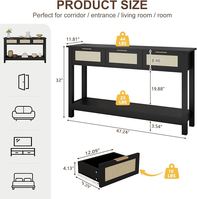 Luoxiao Entryway Console Table with 3 Rattan Drawers - Long Sofa Table Behind Couch Modern Fluted Hallway Living Room Storage Cabinet, Entry Table Open Shelf Foyer Furniture, Anti-Tip, Black, 47 Inch