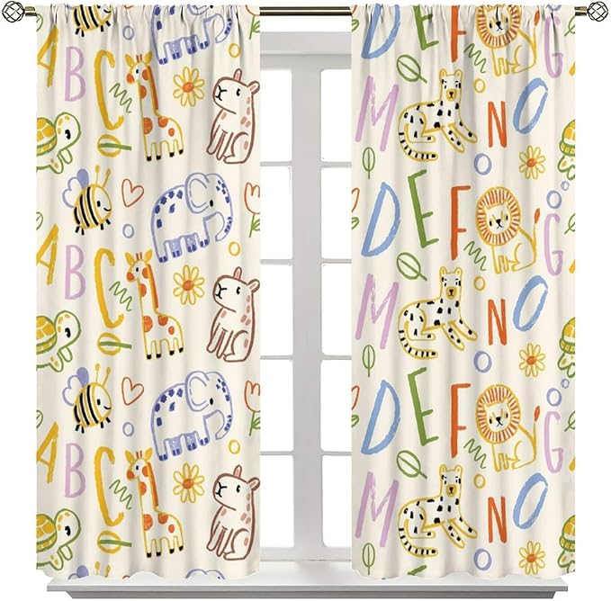 BAEKJIN Kids Alphabet Curtains, Hand Drawn Colorful ABC Letters and Animals Pattern Print Decor Window Drapes for Bedroom Living Room 42x45 Inch