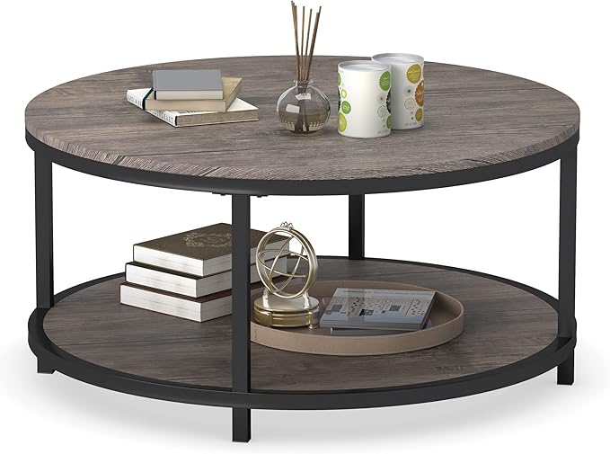 WiberWi Round Coffee Table 35.8" Circle Coffee Tables for Living Room Rustic Industrial Cocktail Table with Sturdy Metal Frame and Open Storage Shelf, Easy Assembly, Gray Brown