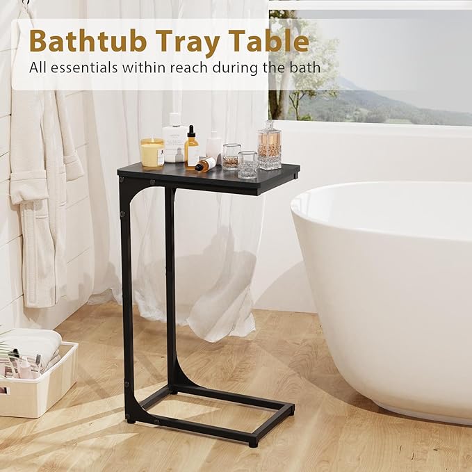 Narrow C Shaped End Tables Living Room TV Trays Set of 2, Small Thin Modern Side Table Skinny Slide Under Couch Tray Tables for Sofa Bedroom Small Space, Black