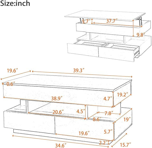 39.3" Lift Top Coffee Table with 2 Drawers and LED Lights, Modern Rectangular High-Gloss Center Table Cocktail Tea Table with Lift-Top and Hidden Space for Living Room Apartment Black