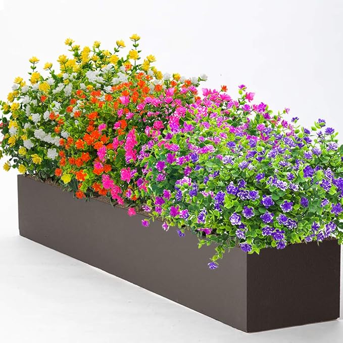 10 Bundles Artificial Fake Flowers, Faux Outdoor Plastic Plants UV Resistant Shrubs Outside Indoor Decorations (Blue-Eucalyptus)